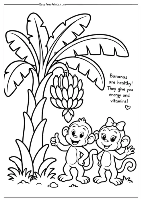 Banana Tree with Happy Monkeys Coloring Page
