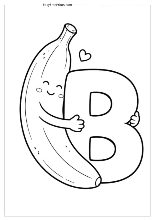 Cute Banana Hugging the Letter B Coloring Page