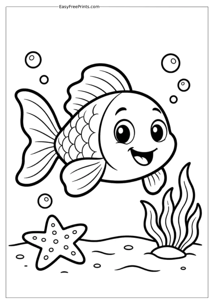 Happy Goldfish Exploring the Ocean Floor Coloring Page