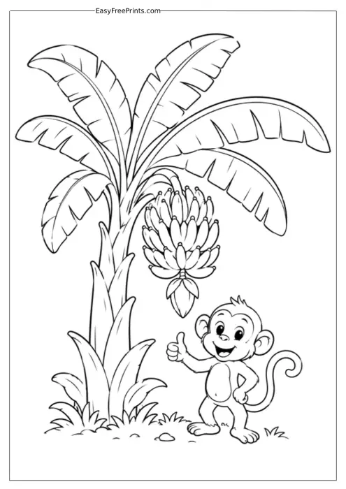 Monkey and Banana Tree Adventure Coloring Page