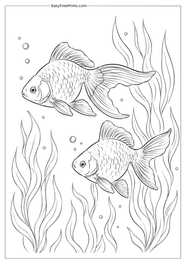 Pair of Goldfish in an Underwater Garden Coloring Page