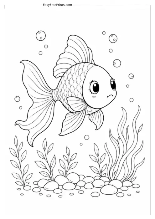 Shy Goldfish Among Underwater Plants