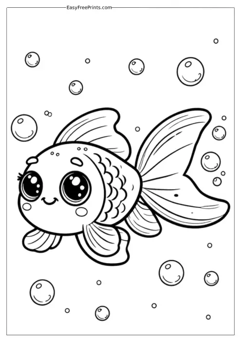 Smiling Goldfish Floating Through Bubbles